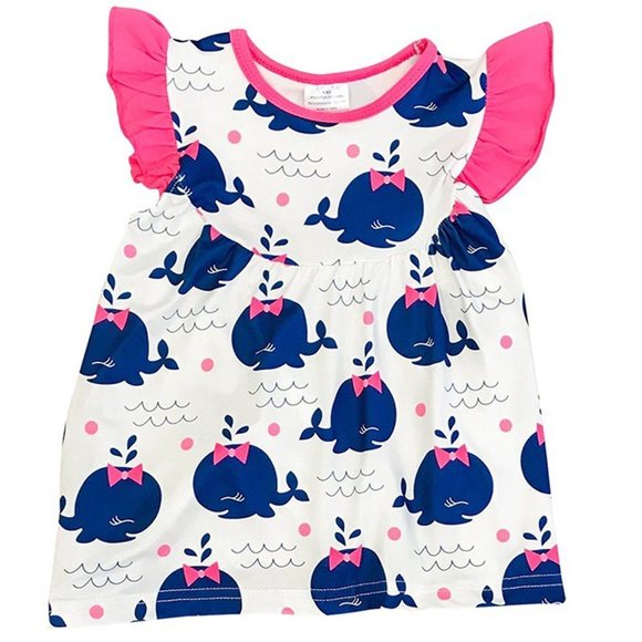 Little Girls Cap Sleeve Ruffle Whale Bow Beach Summer School Top T-Shirt Tee New - Picture 1 of 4